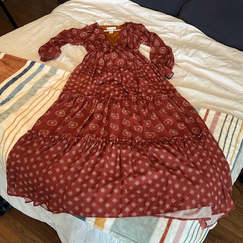 Floor length burnt orange/brown dress with cream color details